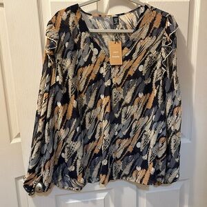 SHEIN Curve Frenchy 2XL Sheer Blue Tan V-Neck Blouse NWT